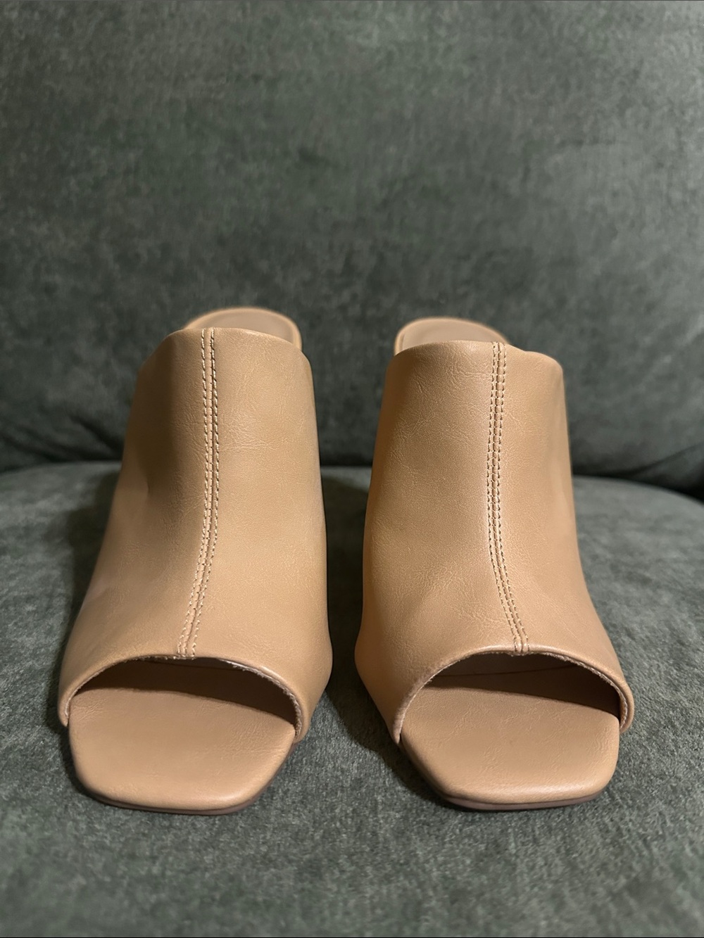 Qupid Tan Peep-Toe Block Heel Mules - Picture 2 of 9